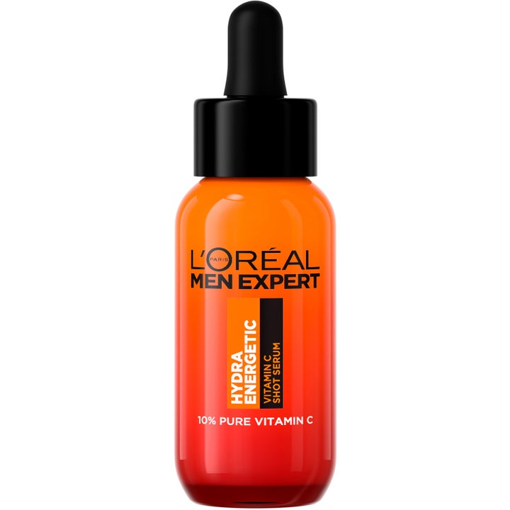 L'Oréal Men Expert Hydra Energetic Vitamin C Shot Serum 30ml energigivende ansiktsserum i oransje glassflaske med sort pipette
