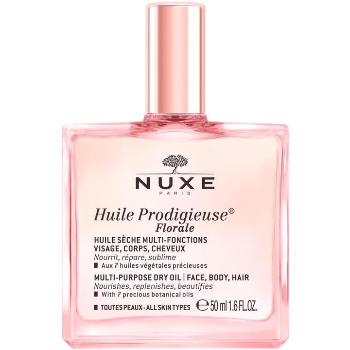 Nuxe Huile Prodigieuse Florale 50 ml nærende tørrolje i firkantet glassflaske med rosa innhold og kork i rosegull