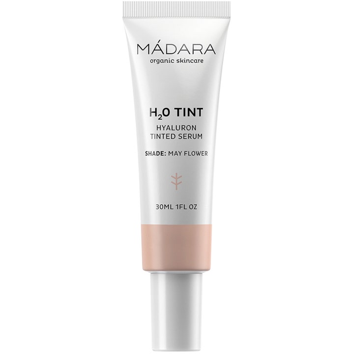 Mádara H2O Tint Hyaluron Tinted Serum 30ml fuktgivende ansiktsserum i hvit tube med lys ferskenfarget nyanse.