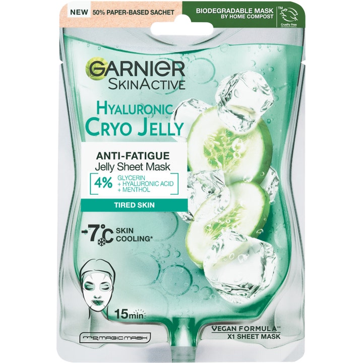 Garnier SkinActive Hyaluronic Cryo Jelly 1 stk fuktighetsgivende sheet mask i grønn sachet med agurkskiver og isbiter