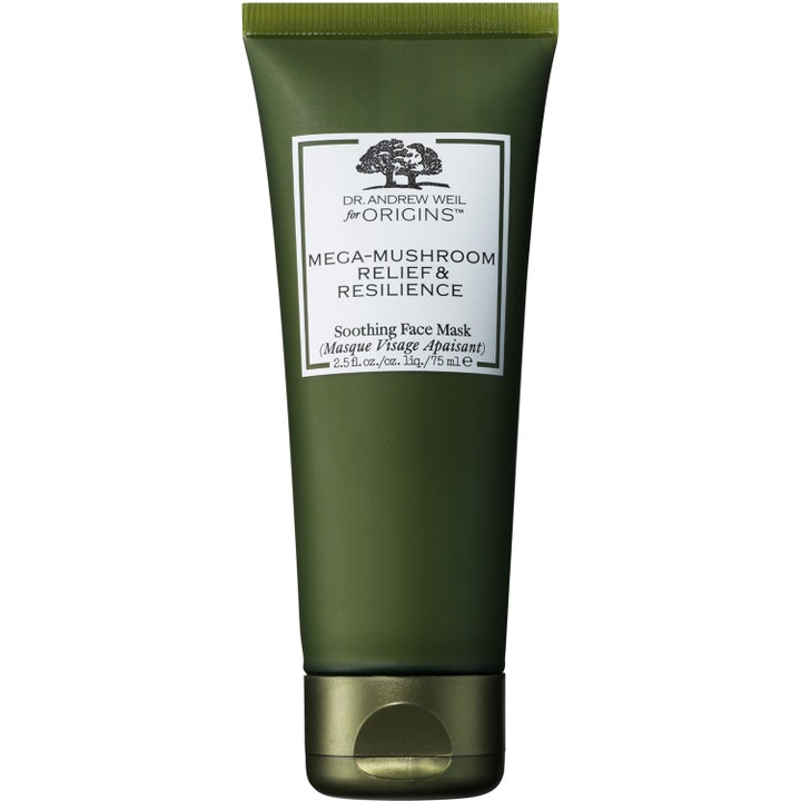 Origins Mega-Mushroom Relief & Resilience 75 ml lindrende ansiktsmaske i en mørkegrønn tube med hvit etikett.