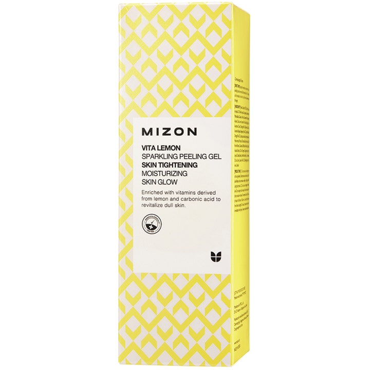 Mizon Vita Lemon Sparkling Peeling Gel 145 g ansiktsskrubb som gir glød og fukt i gul og hvit mønstret eske