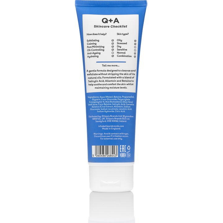 Q+A Salicylic Acid Cleanser 125 ml eksfolierende rengjøringsgel baksiden av blå tube med sjekkliste og ingredienser