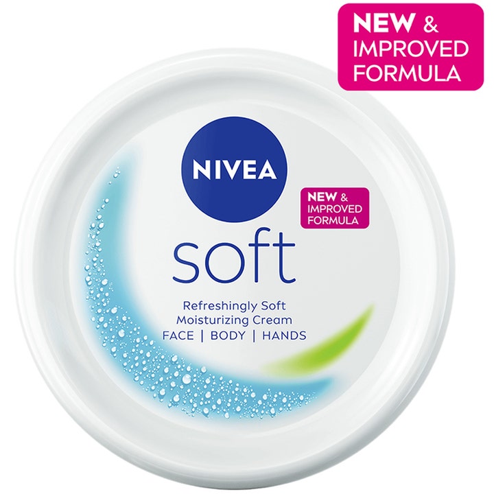 NIVEA Soft 200 ml fuktighetskrem i hvit krukke med New & Improved Formula og forfriskende blått design
