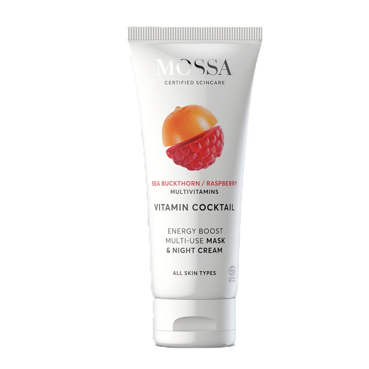 Mossa Vitamin Cocktail Energy Boost Multi-Use Mask & Night Cream energigivende ansiktsmaske i hvit tube med bærdekor
