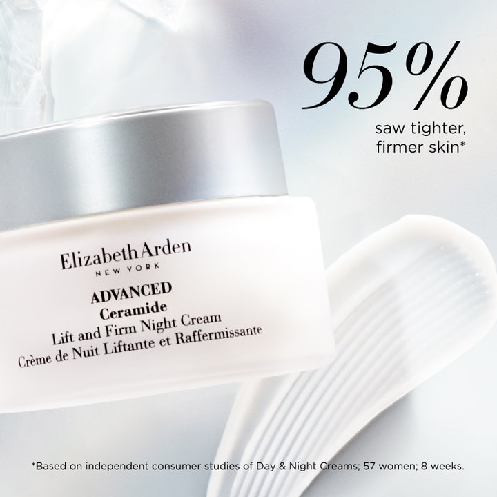Elizabeth Arden Ceramide Lift & Firm Night Cream 50 ml nattkrem i krukke med hvit tekstur og tekst 95% saw tighter skin