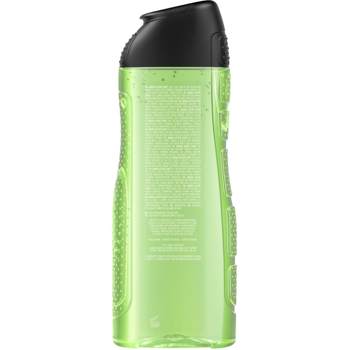 Adidas Active Start For Him 400 ml 3-i-1 dusjsåpe baksiden av grønn flaske med ingrediensliste og vegansk formel