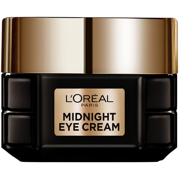 L'Oréal Paris Midnight Eye Cream 15 ml oppstrammende øyekrem i en sort teksturert glasskrukke med skinnende gulllokk