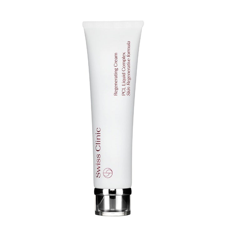 Swiss Clinic Regenerating Cream PCL Liquid Complex regenererende ansiktskrem i hvit tube med sølvfarget kork