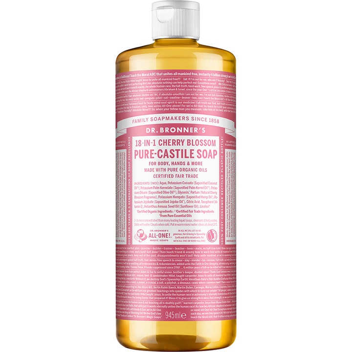 Dr. Bronner's 18-in-1 Cherry Blossom Pure-Castile Soap 945ml allsidig såpe i gjennomsiktig flaske med rosa etikett.