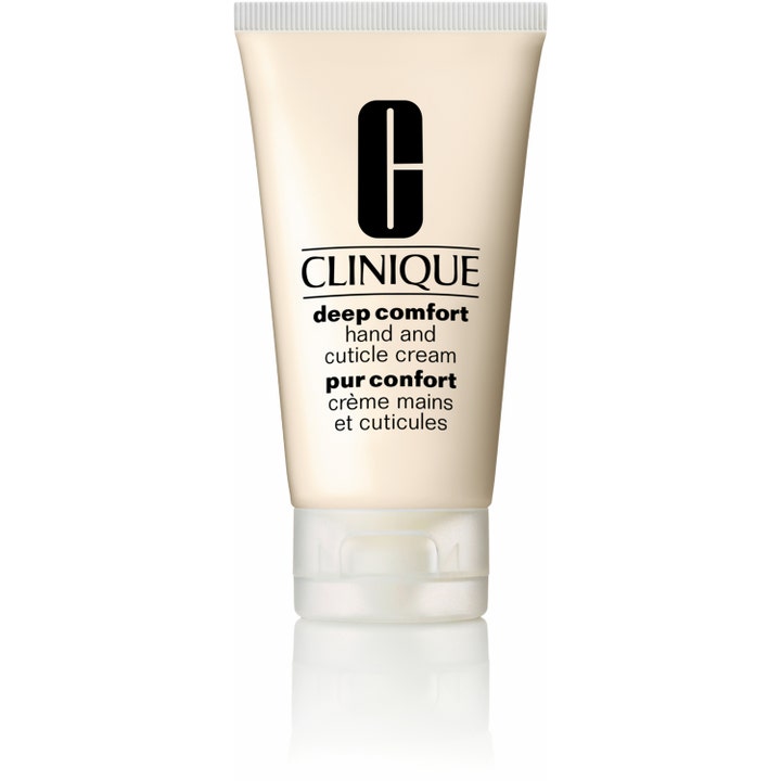 Clinique Deep Comfort Hand and Cuticle Cream 75ml pleiende håndkrem som gir fuktighet i beige tube med hvit kork.