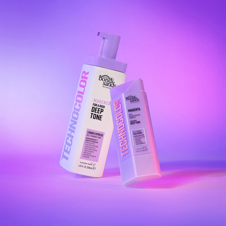 Bondi Sands Technocolor Self Tanning Face Serum Magenta 50 ml selvbruning ansikt i lilla pumpeflaske for dyp glød.
