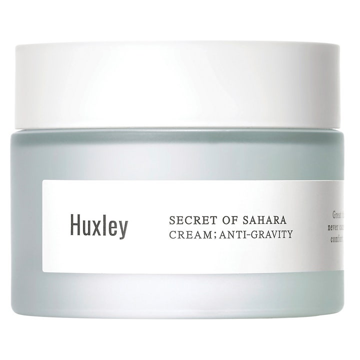 Huxley Secret of Sahara Cream Anti-Gravity 50ml oppstrammende ansiktskrem i frostet glasskrukke med hvitt lokk.
