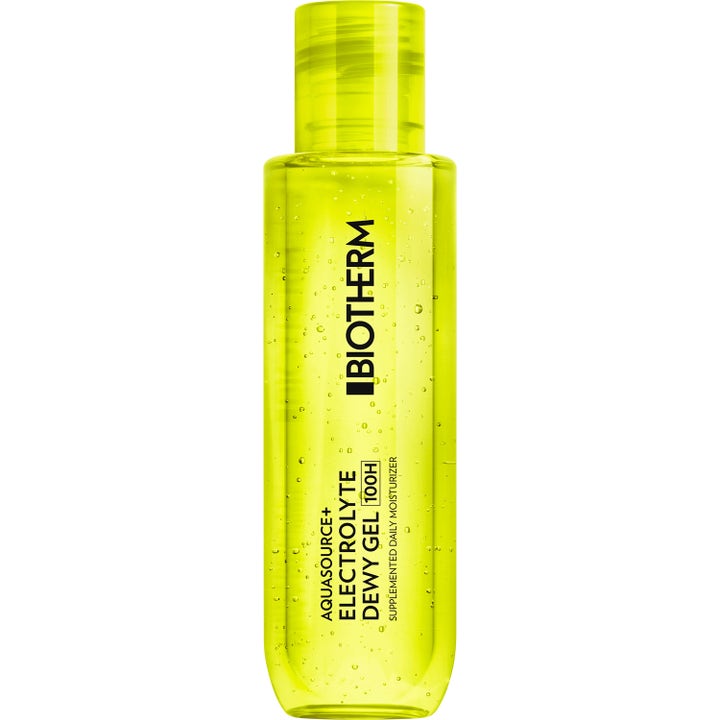 Biotherm Aquasource+ Electrolyte Dewy Gel 100H fuktgivende ansiktsgel i en neongrønn flaske med synlige bobler
