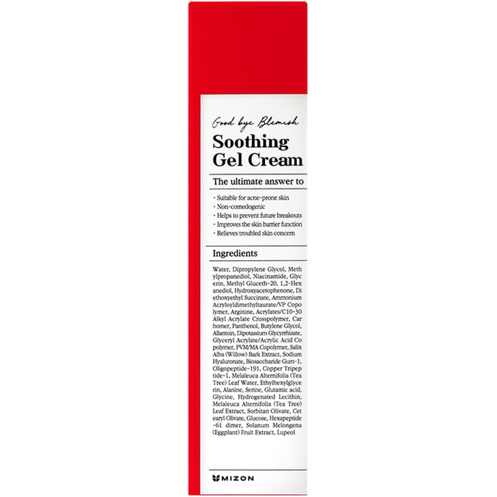 Mizon Good Bye Blemish Soothing Gel Cream 55 ml beroligende ansiktskrem i rød og hvit eske med ingrediensliste