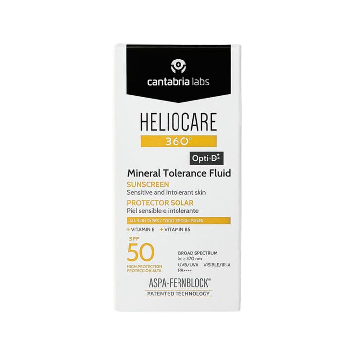 Heliocare Mineral Tolerance Fluid SPF 50 50 ml solkrem i hvit plastflaske med svart skrukork.