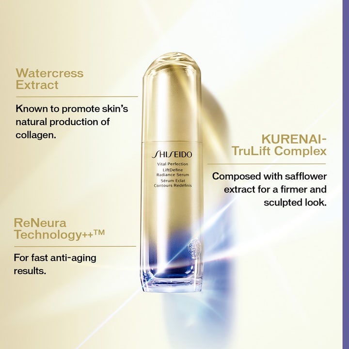 Shiseido Vital Perfection Liftdefine Radiance Serum 40 ml gir fasthet med ReNeura Technology i gullfarget flaske.