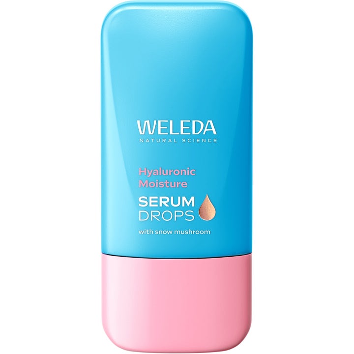 Weleda Hyaluronic Moisture Serum Drops fuktighetsgivende ansiktsserum med hyaluronsyre i lyseblå flaske med rosa kork.