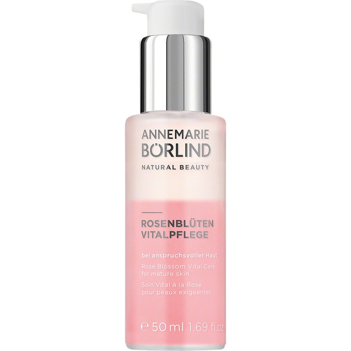 Annemarie Börlind Rose Blossom Vital Care 50 ml vitaliserende serum med rosa tofaset væske i glassflaske med sølvpumpe
