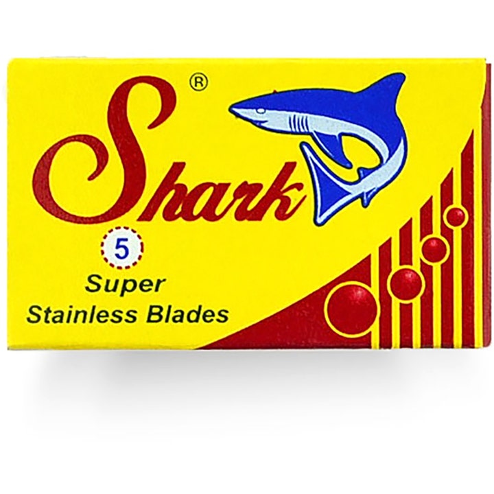 Shark Super Stainless Blades 5 stk barberblad for presis barbering i gul og rød pappeske med blå haifigur.