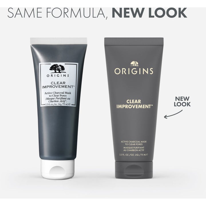 Origins Clear Improvement Active Charcoal Mask 75 ml ansiktsmaske som viser gammelt og nytt tubedesign