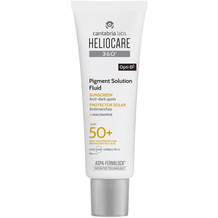 Heliocare 360 Pigment Solution Fluid 50 ml solkrem mot pigmentflekker i hvit tube med sølvfarget kork