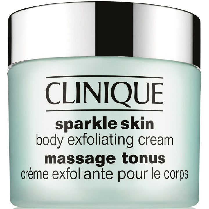 Clinique Sparkle Skin Body Exfoliating Cream eksfolierende kroppskrem i lysegrønn krukke med blankt sølvlokk