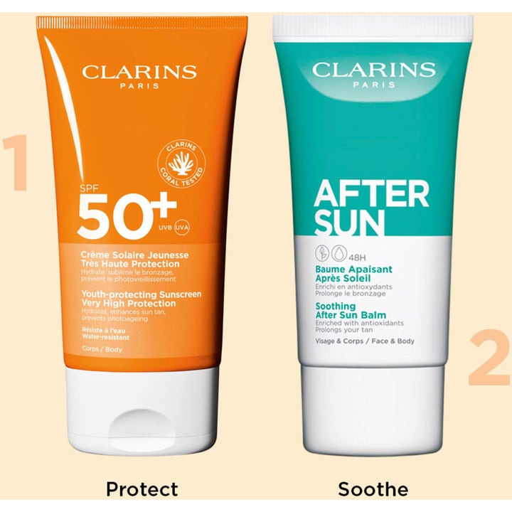 Clarins Youth-protecting Sunscreen 150 ml oransje solkremtube og turkis After Sun Balm som beskytter og beroliger