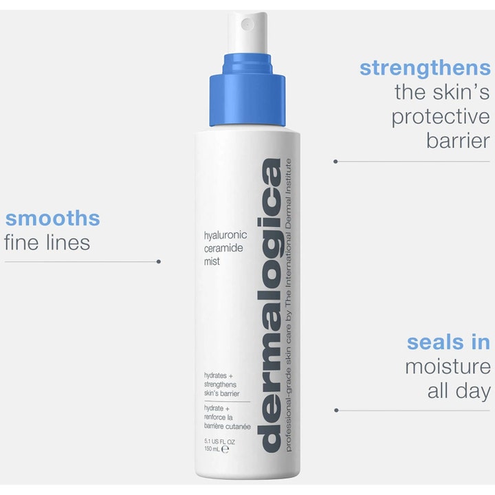 Dermalogica Hyaluronic Ceramide Mist 150 ml ansiktsvann i hvit sprayflaske med blått lokk som glatter ut fine linjer.