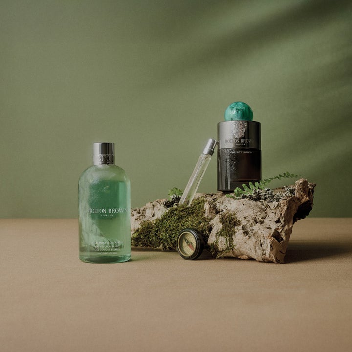 Molton Brown Wild Mint & Lavandin Bath & Shower Gel 300 ml oppfriskende dusjsåpe på mosegrodd bark med et kompass