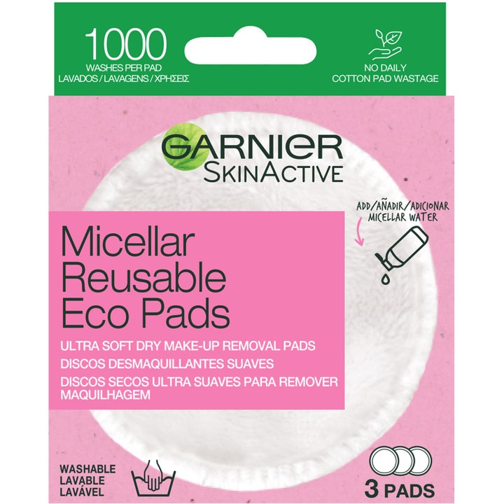 Garnier SkinActive Micellar Reusable Eco Pads 3 stk vaskbare pads som gir skånsom sminkefjerning i hvit og rosa pakning