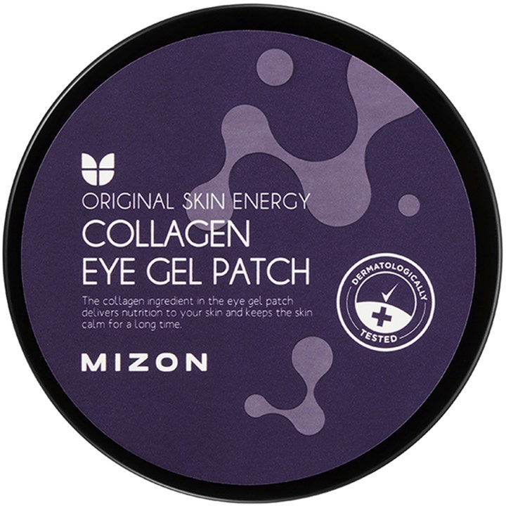 Mizon Collagen Eye Gel Patch 60 stk fuktighetsgivende øyemasker i lilla krukke sett ovenfra med hvit tekst