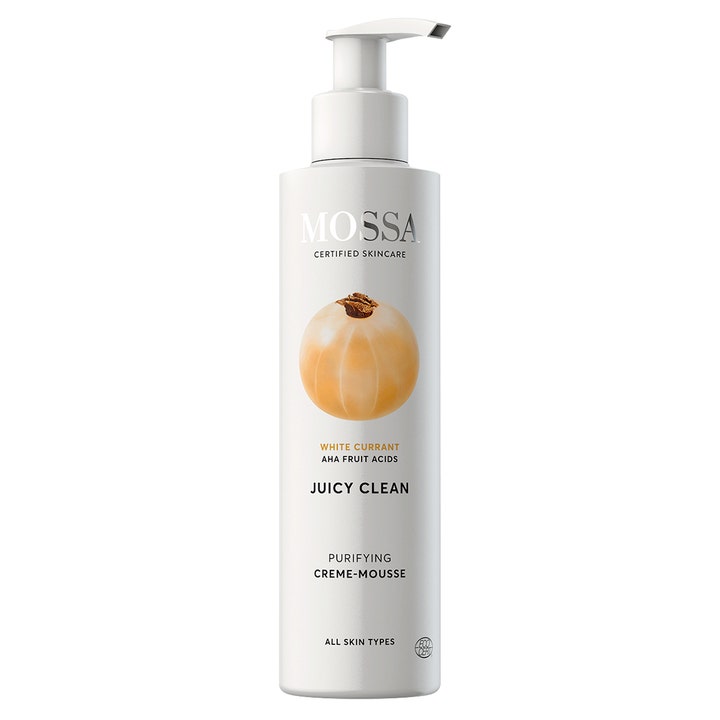 Mossa Juicy Clean Purifying Creme-Mousse rensende ansiktsrens med AHA-syrer i hvit flaske med pumpe og rips.