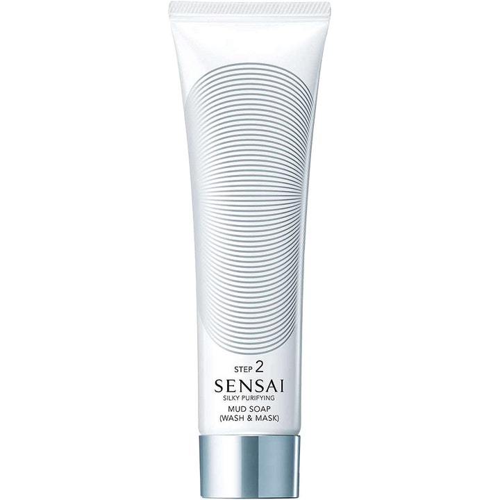 Sensai Silky Purifying Mud Soap 125ml dyptrensende ansiktssåpe i hvit tube med sirkelmønster og sølvfarget kork