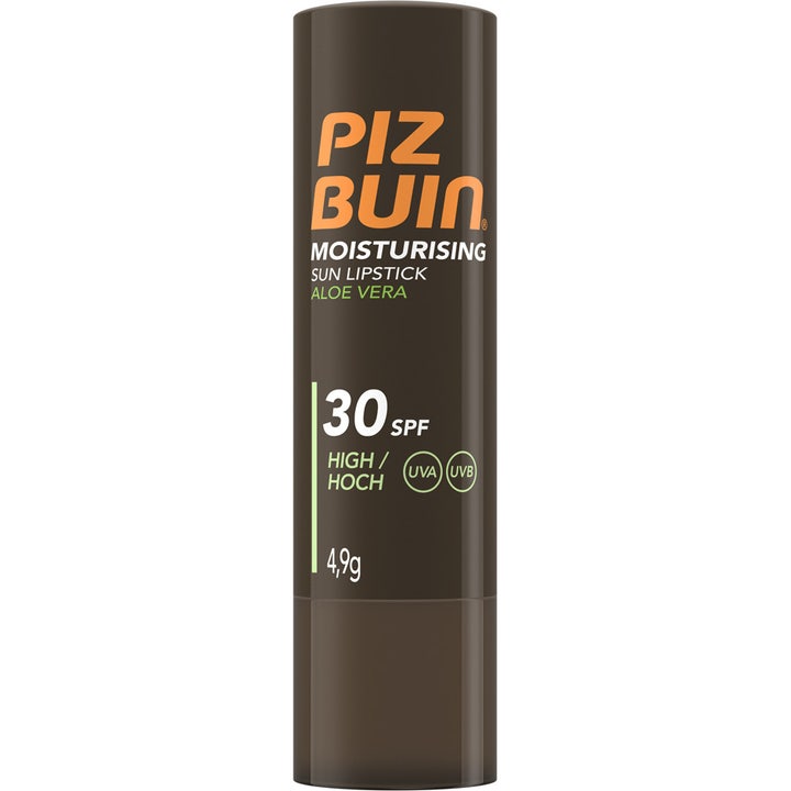 Piz Buin Moisturising Sun Lipstick 4,9g fuktighetsgivende solbeskyttelse i brun hylse med oransje logo og SPF 30