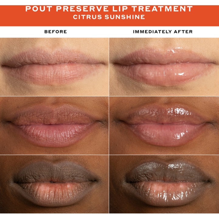 Ole Henriksen Clinical Quick Fix Mini Set viser før og etter resultat med glansfull Pout Preserve Lip Treatment.