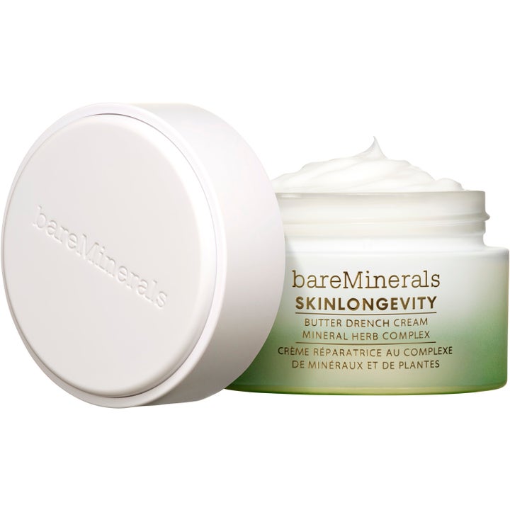 bareMinerals Skinlongevity 50 ml ansiktskrem i krukke med rik hvit tekstur og lysegrønn fargegradient.