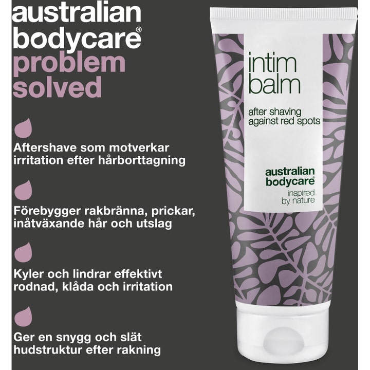 Australian Bodycare Intim Balm 100 ml motvirker røde nupper i en hvit og lilla tube vist med infografikk.