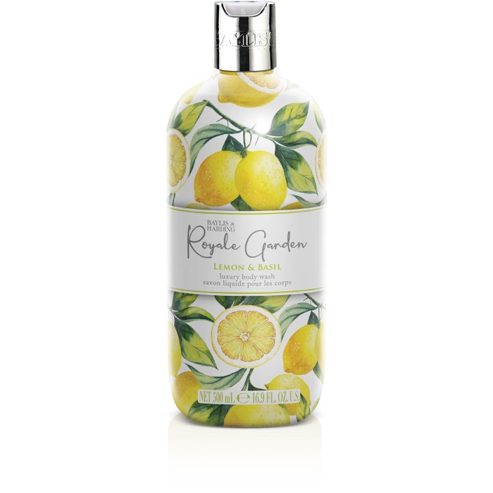 Baylis & Harding Royale Garden Lemon & Basil 500 ml forfriskende dusjsåpe i flaske med sitronmotiv og sølvkork