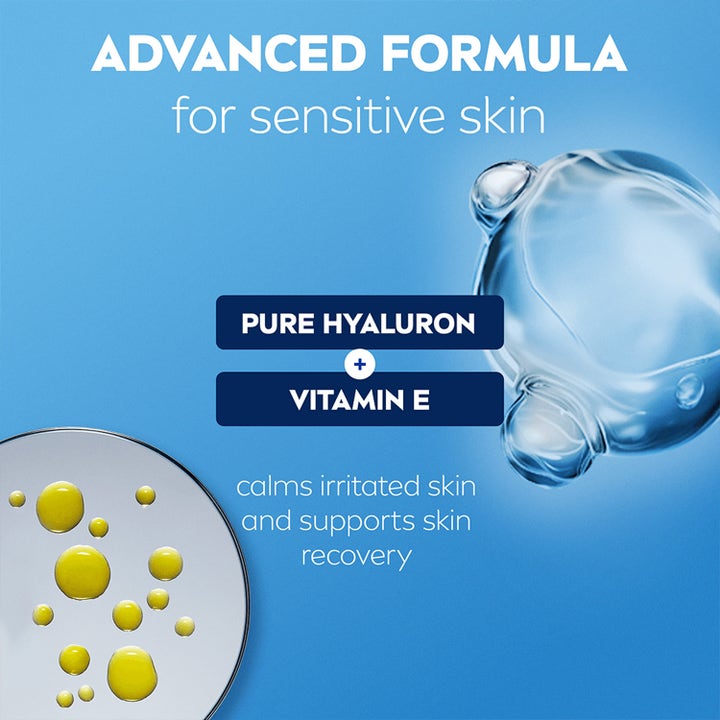 NIVEA Derma Control Sensitive Deo Spray 150 ml beroliger sensitiv hud med hyaluron og vitamin E i blått design.