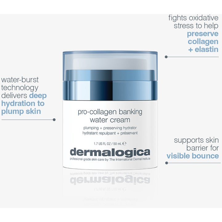 Dermalogica Pro-Collagen Banking Water Cream 50 ml fuktighetsgivende dagkrem i hvit krukke med blått lokk og infotekst