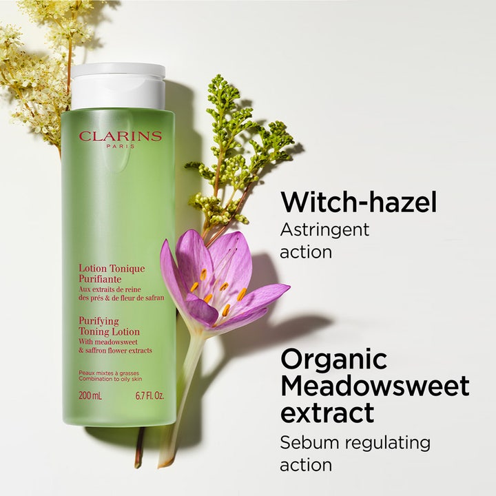 Clarins Purifying Toning Lotion 400 ml toner balanserer huden med mjødurt og safranblomst i grønn flaske.
