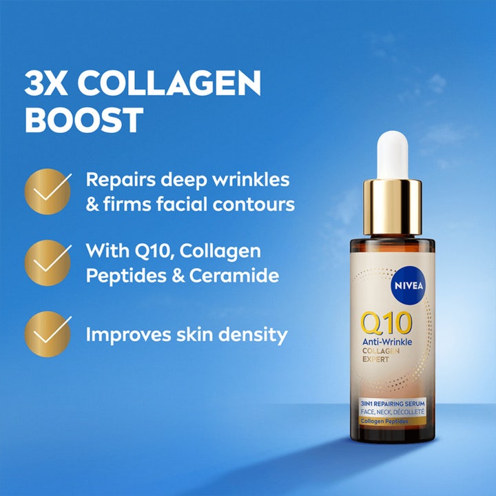 NIVEA Q10 Collagen Expert 3IN1 Repairing Serum 30 ml reduserer dype rynker i glassflaske med pipette og gullkork