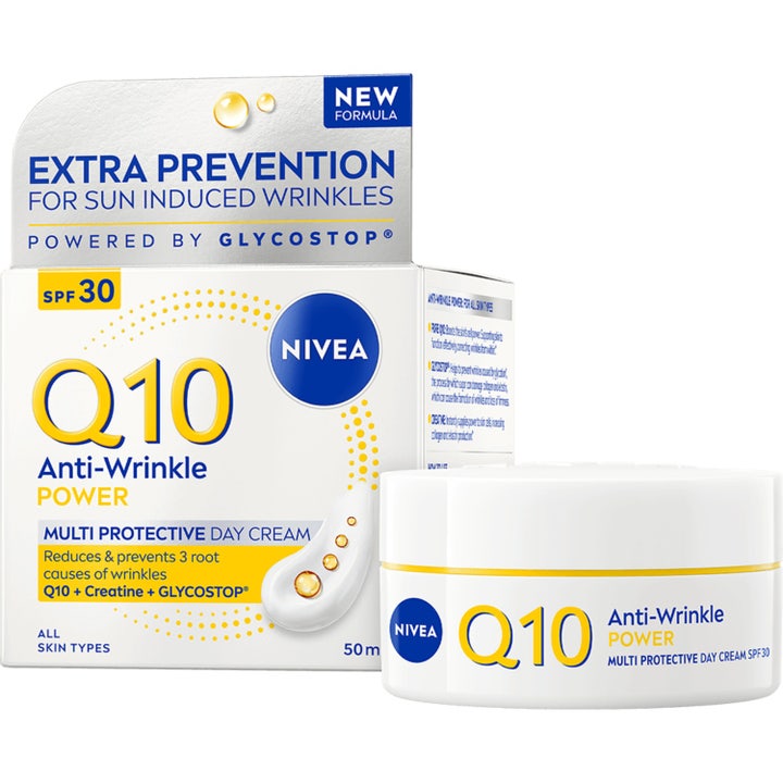 Nivea Q10 Anti-Wrinkle Power 50 ml dagkrem med SPF 30 som forebygger rynker i hvit krukke med tilhørende eske.