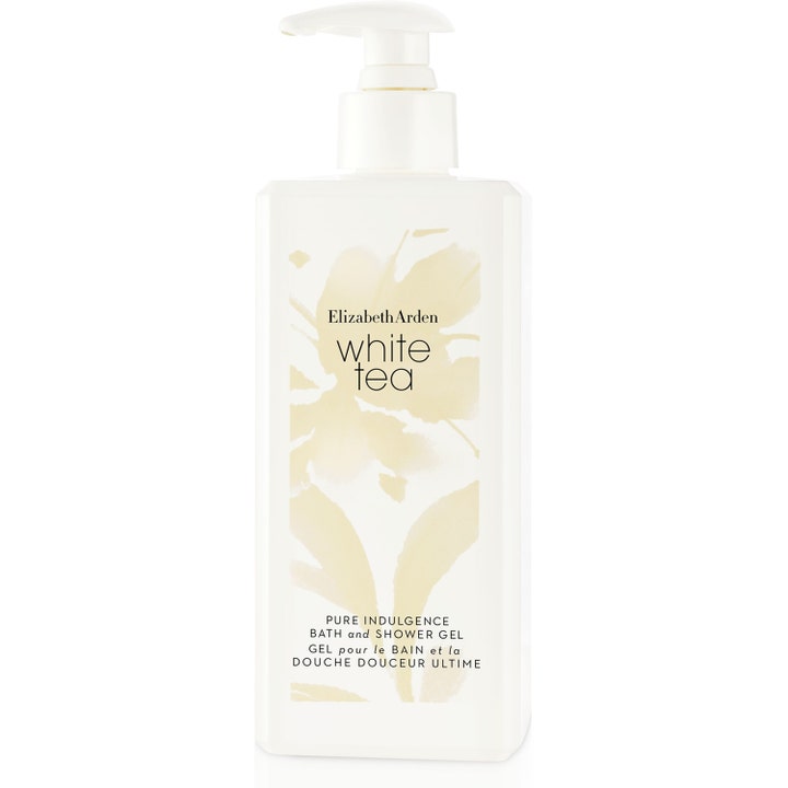 Elizabeth Arden White Tea Pure Indulgence 400ml forfriskende dusjsåpe i hvit pumpeflaske med beige blomstermotiv