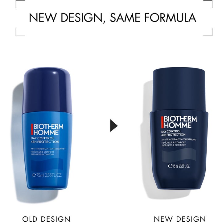 Biotherm Homme Day Control 48H Deodorant Roll on 75ml viser nytt matt mørkeblått design ved siden av den gamle flasken.