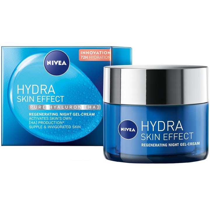 Nivea Hydra Skin Effect Regenerating Night Gel-Cream 50 ml nattkrem i blå krukke med sølvlokk og eske