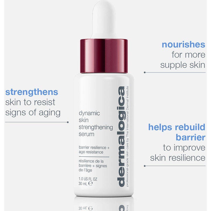 Dermalogica Dynamic Skin Strengthening Serum 30 ml styrkende ansiktsserum i hvit flaske med rød kork og infografikk