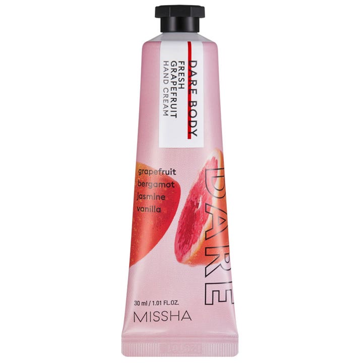 Missha Dare Body Fresh Grapefruit Hand Cream 30 ml mykgjørende håndkrem i rosa tube med frisk grapefruktillustrasjon