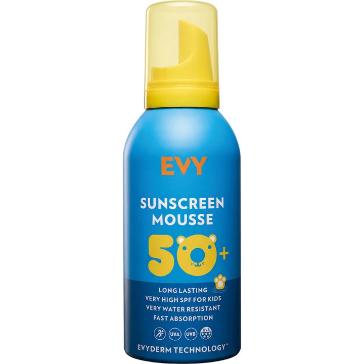 EVY Sunscreen Mousse SPF 50 150 ml solkrem for barn i blå flaske med gul kork og katteansikt.